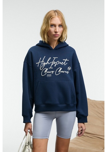 KIKRES Kadın Kapüşonlu Nakış Detaylı Oversize Lacivert Sweatshirt