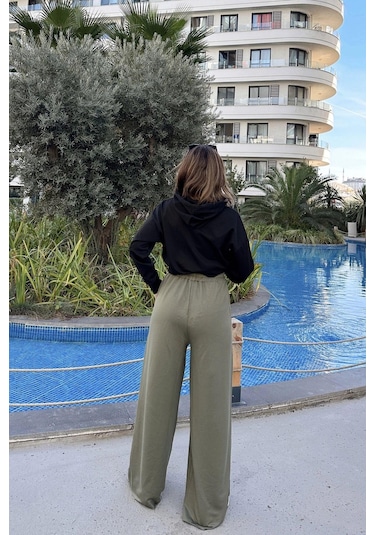 Kadın Haki Beli Lastikli, Cepli, Bol Paça, Salaş Pantolon Haki