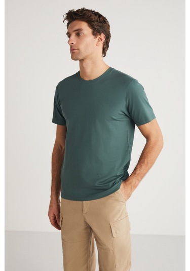Mıchel Erkek Slim Fit Dar Kesim %100 Organik Pamuklu Yana Kayan Dikişli Basic Örme Yeşil T-shirt