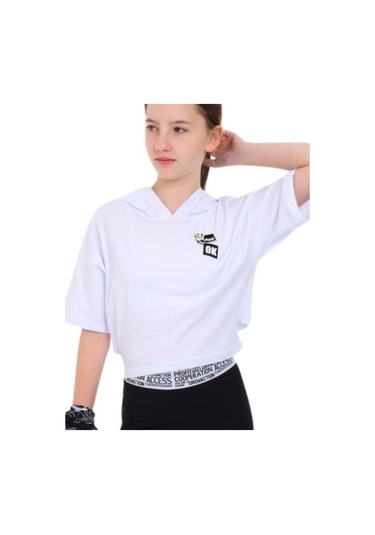 Kız Çocuk Pamuklu Geniş Kesim Kapüşonlu T-shirt-14243 Beyaz
