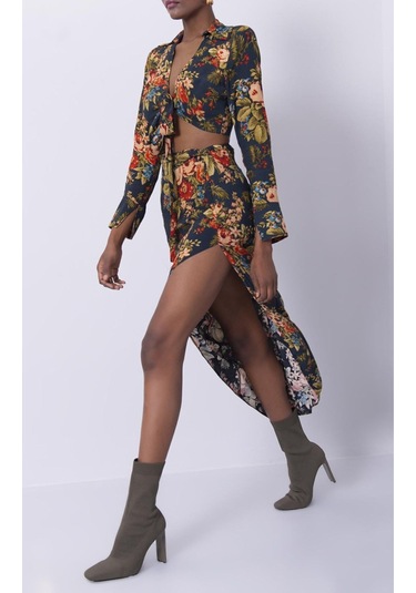 Çiçekli Asimetrik Etek Yakalı Bağlamalı Bohem Etek Bluz Kadın Ikili Takım Lacivert Lacivert