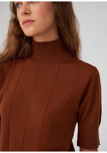 Peraluna Balıkçı Yaka Kısa Kollu Basic Kadın Triko Bluz Kahve-Kahve Kahverengi