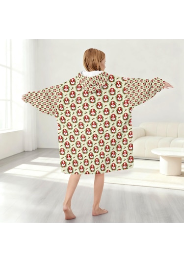 Noel Temalı 6-13 Yaş Çocuk Giyilebilir Battaniye Hoodie, Kalın Peluş, Büyük Boy-a150 Krem - Pembe