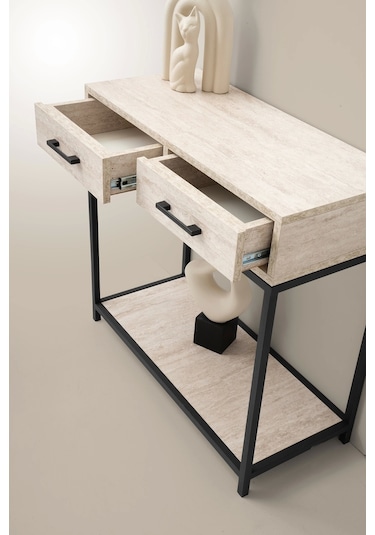 Ahşap 2 Çekmeceli 1 Raflı Metal Gövdeli Dresuar Bej Siyah-bej Siyah - Bej