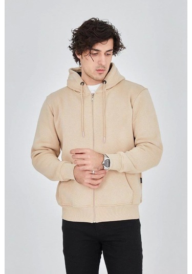 Erkek Kapüşonlu Düz Fermuarlı Hırka - Bej Bej