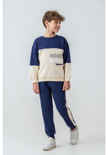 Erkek Çocuk Brooklyn Skat Clup Baskılı 3 İplik Kalın Kışlık Eşofman Takımı Ak4228 Lacivert