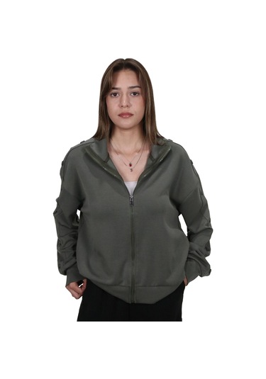 Kadın Modal Kumaş Dik Yaka Rahat Kalıp Haki Ceket Hırka Haki