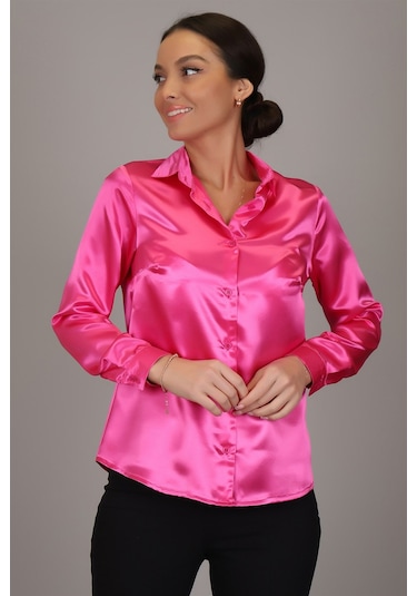 Sweetness Kadın Fuşya Saten Uzun Kol Abiye Gömlek Fuşya