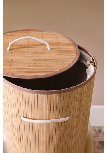 İronika Bambu Kirli Çamaşır Sepeti Halatlı Bambu Çamaşır Oyuncak Sepeti Yuvarlak Açık Kahverengi