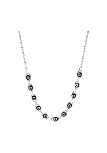 Tesbihane Silver Renk Metal Zincirli Lacivert Mineli Nazar Boncuğu Detaylı Kadın Kolye