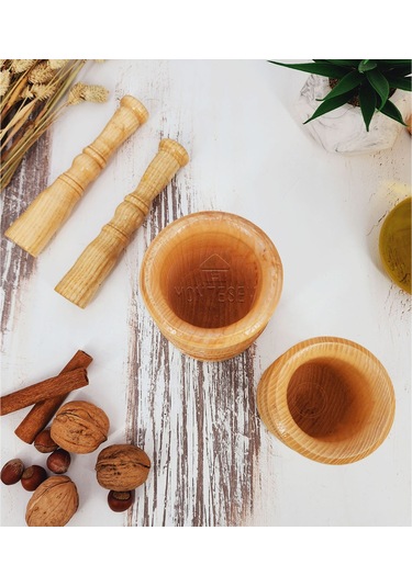 El Yapımı Ahşap Ağaç Havan Sarımsak Döveceği Lüx 8-10 Luk 2li Set