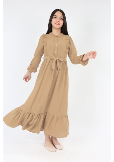 Kiz Cocuk Elbise Aerobin Keten Kumaş Tesettüre Uygun Uzun Boydan Cocuk Elbise Açık Bej