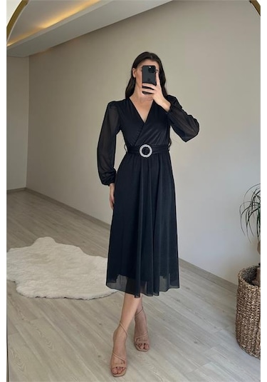 Neşeli Butik Kadın Kruvaze Yaka Tokalı Midi Boy Işıltılı Elbise Nm009 Siyah