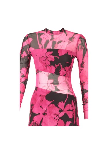 Explosion Uzun Kol Midi Şeffaf Elbise - Çiçek Desenli - Bohemian Stil Fuşya