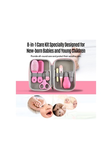 Vkemall Bebek Bakım 8'li Set: Tırnak Kırıcı, Fırça, Tarak, Burun Emici, Parmak Fırçası, Elektronik Termometre + Depolama Kutusu Mavi