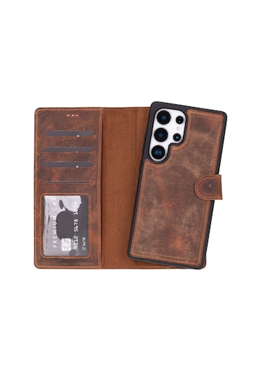 Toyigoo Toyigoo Samsung Galaxy S25 Ultra Uyumlu, Hakiki Deri, El Yapımı, Cüzdanlı Kılıf, Antik Kahve