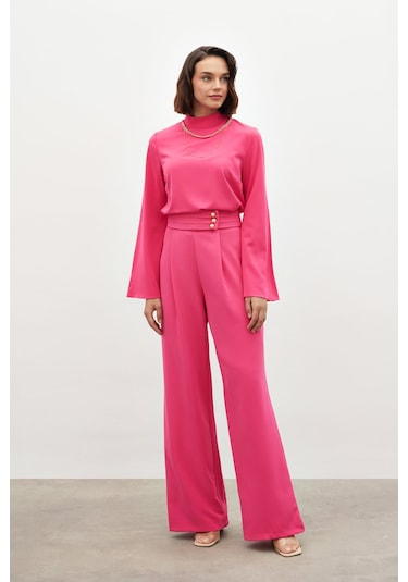 Sateen Bel Detaylı Pantolon - Pembe-134553 Pembe