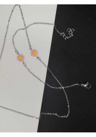 Pembe Papatya Charmlı Çelik Kolye Ve Bileklik Takımı Karma Serisi