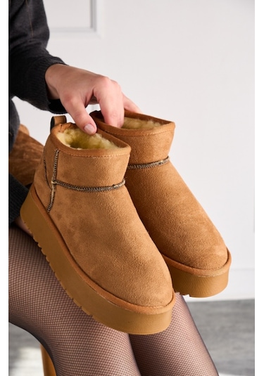 400U Kalın Taban Ultra Mini Süet Günlük Kadın Bot - Taba