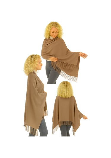 1 Adet Kadın Büyük Bedene Uygun Ekstra Yumuşak Dokulu Püskül Detaylı Kışlık Atkı Omuz Şalı Sütlü Kahve
