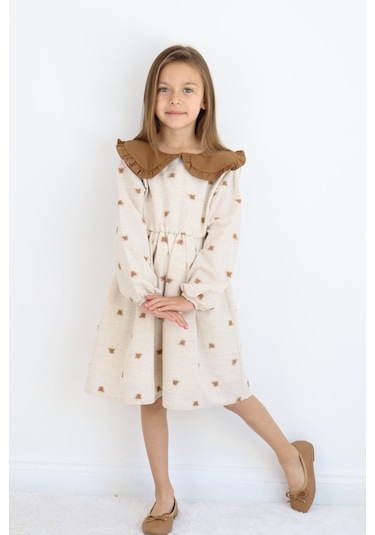 Miababy Yakalı Keten Elbise 1-8 Yaş Kahverengi