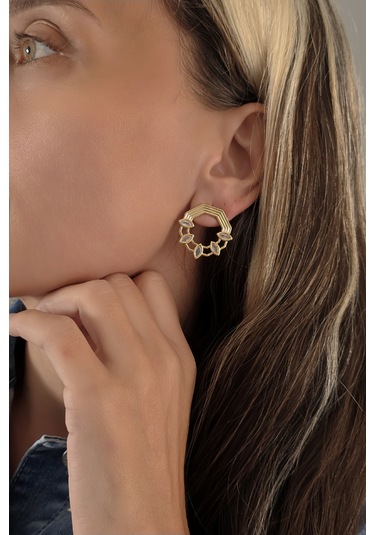 Mirror Damla Çiçek Figür Altıgen Model Çelik Küpe Gold