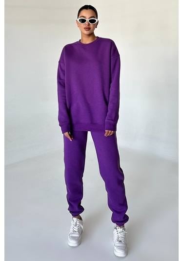 Modagen Unisex Mor Bisiklet Yaka Düz Oversize Alt-üst Eşofman Takımı Mor