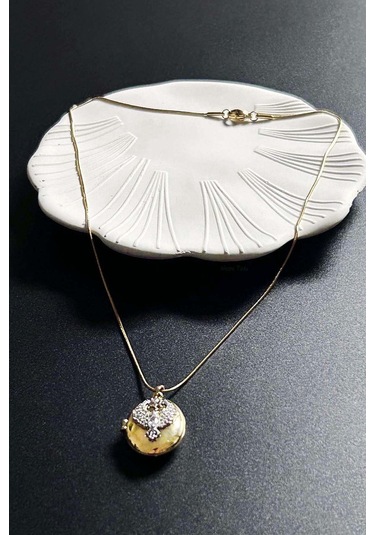 Zirkon Taşlı, Alya, Kapaklı, Paslanmaz Çelik Kolye 424, Altın Renk Altın