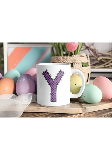 Y Harfi Mor Puantiyeli Kupa Bardak - Polka Dot Tasarım Kahve Çay Bardak - Kişiye Özel Hediyelik Beyaz