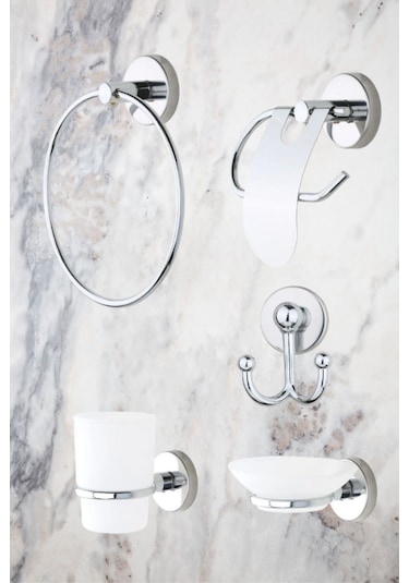 MultiStore 5li Banyo Aksesuar Seti Halka Havluluk/Tuvalet Kağıtlığı/Askılık/Sabunluk/Diş Fırçalık Gri