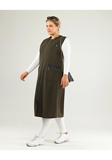 Kadın Deri Cepli Buyuk Beden Uzun Yelek 001