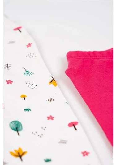 Kız Bebek Beyaz Pembe Ağaç Desenli Düz Patikli İkili Alt Takım Beyaz - Pembe