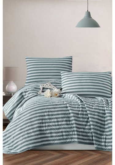 Enlora Home Water Yollu Saten Çok Amaçlı Örtü Çift Kişilik Yeşil