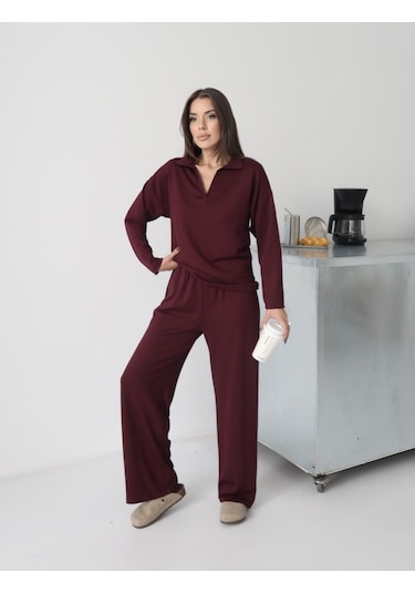 Paw Garage Kadın Lora Modal Polo Yaka Alt-üst Takım Bordo