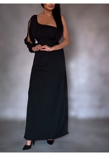 Tek Omuz Açık Derin Yırtmaçlı Krep Tam Boy Elbise Bediva 001