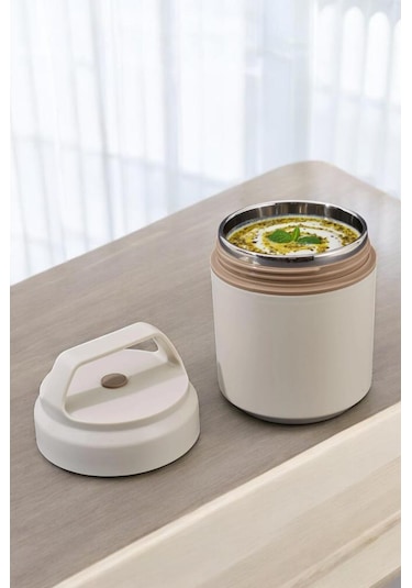 Digithome Bento Taşınabilir Paslanmaz Çelik Yemek Kabı Termosu Lunch Box Yuvarlak Bej 420ml