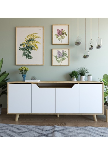 Roma Ahşap Ayaklı Modern Konsol Safir Meşe - Beyaz