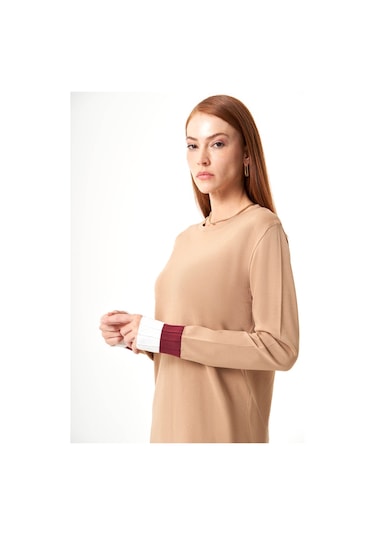 Mizalle Kol Piliseli Rayon Triko Camel-beyaz Tunik Camel