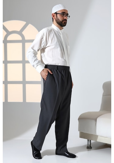 Erkek Rahat Kesim Beli Lastikli Cepli Hac Ve Umre Kumaş Şalvar Pantolon - Füme İsr Füme