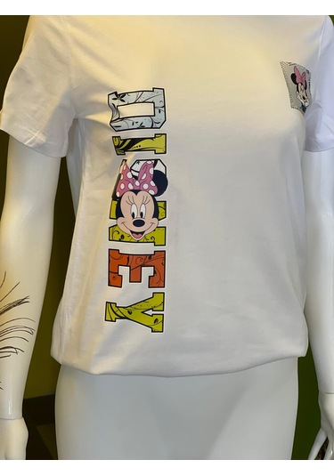 %100 Pamuk Basik Bisiklet Yaka Örme Mickey Mause Minny Mause T-shirt Beyaz