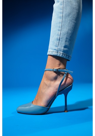 Luvishoes Blues Mavi Rugan Yuvarlak Burun Bilekten Bağlamalı Kadın Yüksek Topuklu Ayakkabı Mavi