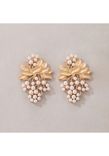 Vkemall İnci İşlemeli Yaprak Desenli Altın Renkli Alerjik Küpe Gold