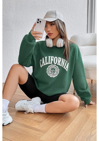 Modagen Unisex Yeşil California Baskılı Bisiklet Yaka Oversize Sweatshirt Yeşilsw