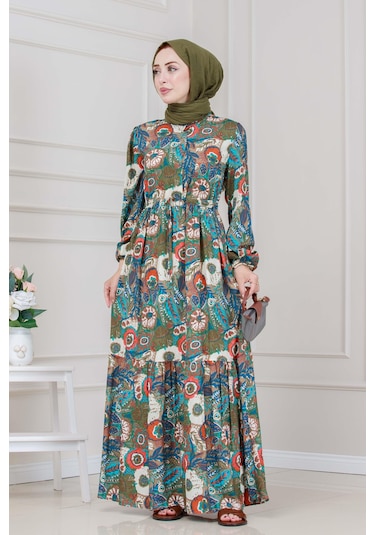 Beli Tünelli Çiçekli Viscon Elbise-haki-5318 Haki