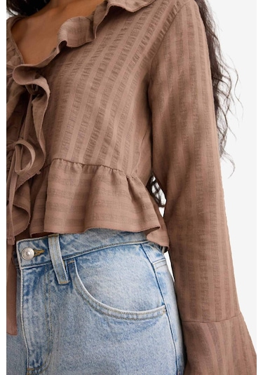 Defacto Regular Fit Dokulu Uzun Kollu Bluz F7657ax25aubn267 Kahve