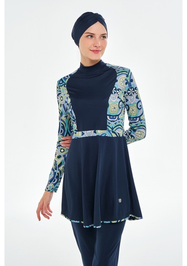Likralı Tam Kapalı Tesettür Mayo Desen Detaylı 3118 Koyu Lacivert Koyu Lacivert
