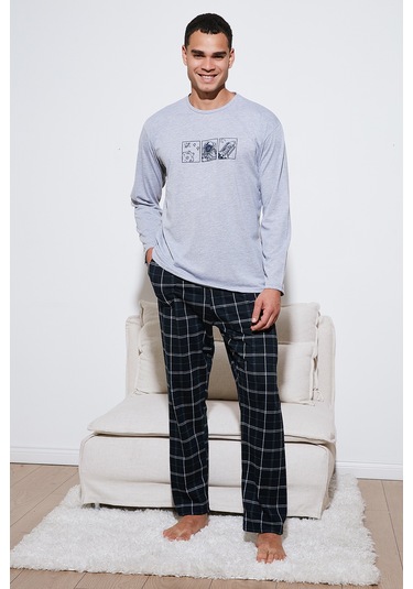 Buratti Ekoseli Pamuklu Regular Fit Yüksek Bel Bisiklet Yaka Erkek Pijama Takımı 6574000 Gri