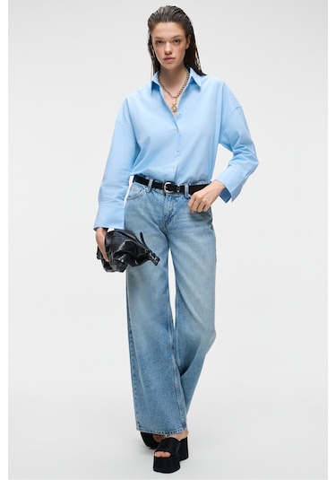 VESTA Kadın %100 Pamuk Keten Görünümlü Flamlı Oversize Mavi Gömlek