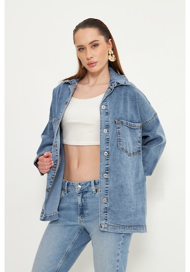Oversize Kadın Jean Ceket Effect Orta Mavi