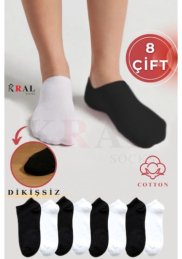 Kral Socks Kadın - Erkek 8 Çift Cotton Dikişsiz Soft Görünmez Penye Patik Bilek Çorap Siyah Beyaz